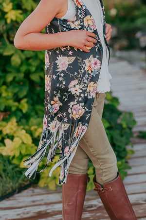 Black Floral Fringe Vest