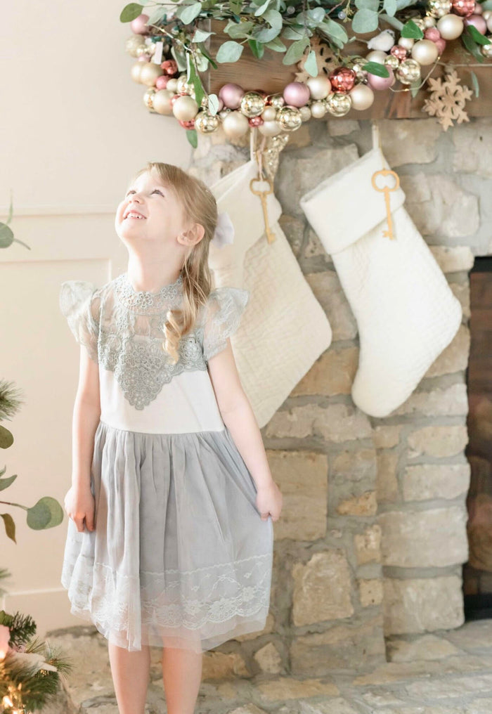 Hazel Grace Vintage Lace Holiday Dress - Holiday Dress - Girls Grey Vintage Holiday Dress - Birthday Dress - Dress Boutique