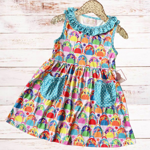 Girls Rainbow School Tools - Turquoise Polka Pocket Dress