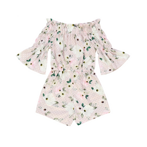 Girls Over the Shoulder Blush Pink Vintage Floral Romper