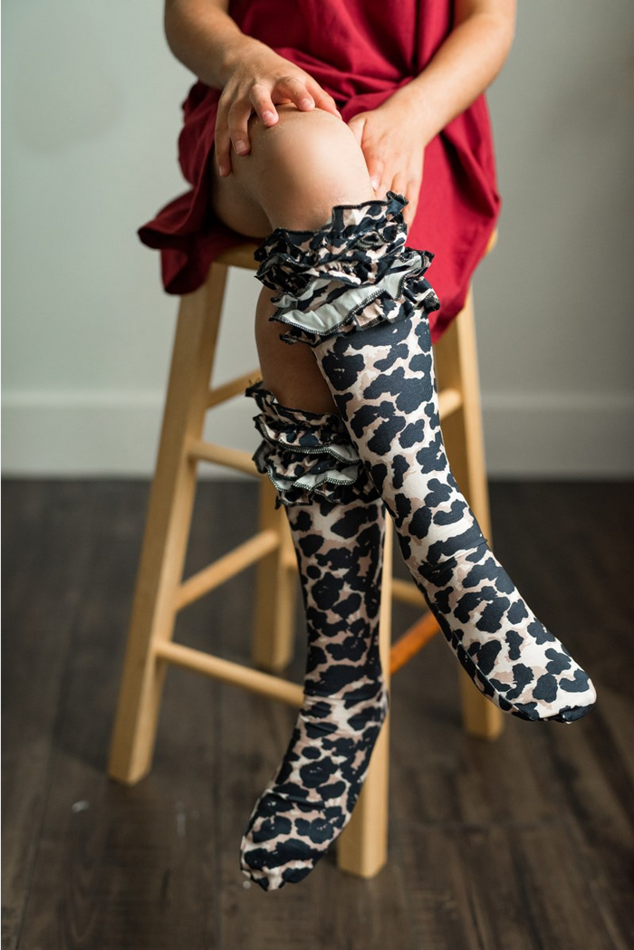 Girls Ruffle Knee Highs - Leopard