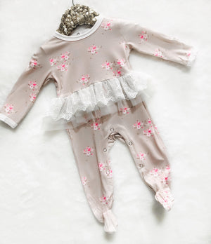 Kryssi Kouture Sienna Tutu Jumpsuit - Tan Floral White Tutu