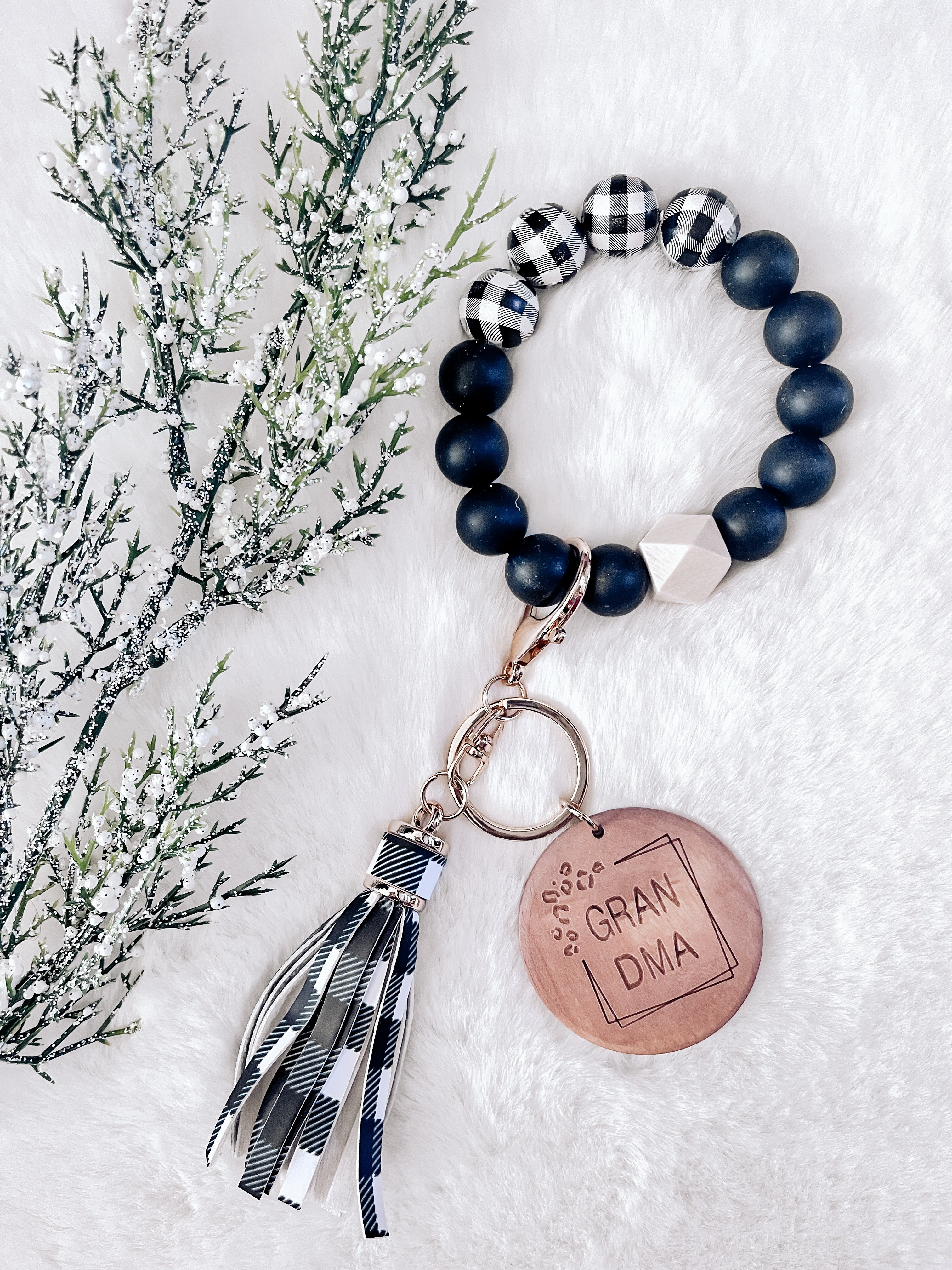 Trending Black Plaid & Solid Black Bracelet Key Chain - Grandma