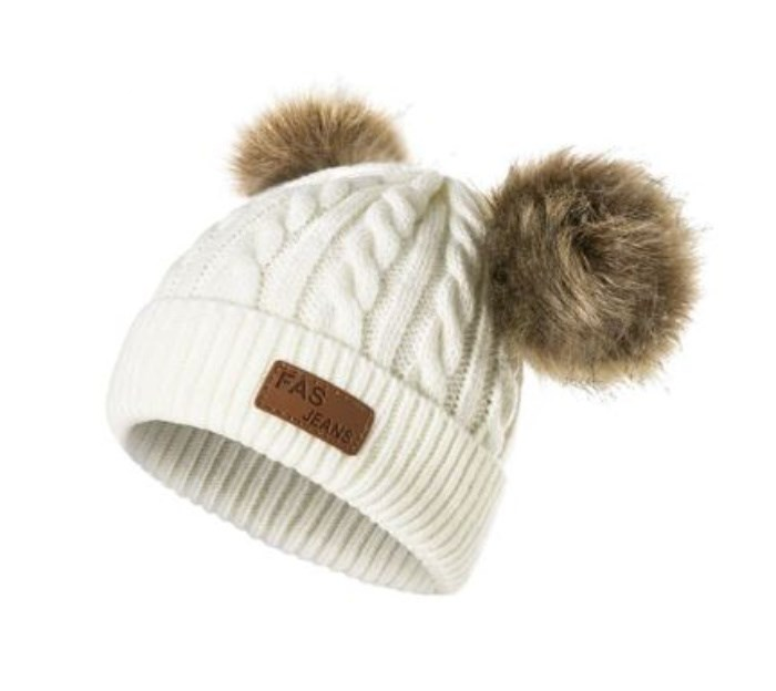 Kids Cream Knit 2 Brown Poms Faux Fur Pom Hat - 50