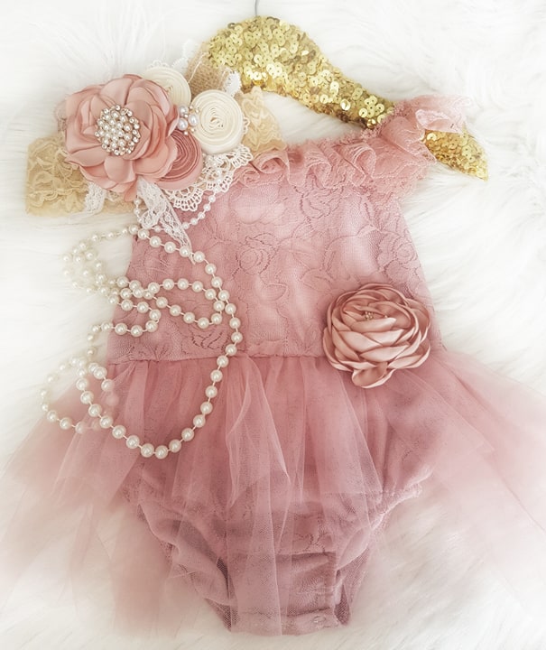Kryssi Kouture Romantic Everly Lace Dusty Rose Tutu Romper