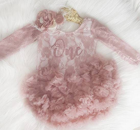 First Birthday Dusty Rose Long Sleeve Lace Leo Sets with Rose Gold One