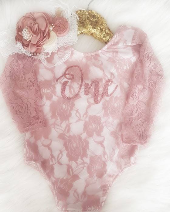 First Birthday Dusty Rose Long Sleeve Lace Leo Sets with Rose Gold One