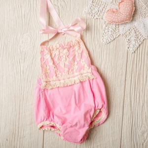 Girls Pink With Vintage Lace Bodice Romper