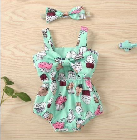 Girls Aqua Cupcakes Romper