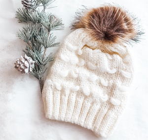 Kids Ivory Loose Knit Faux Fur Pom Hat - 5