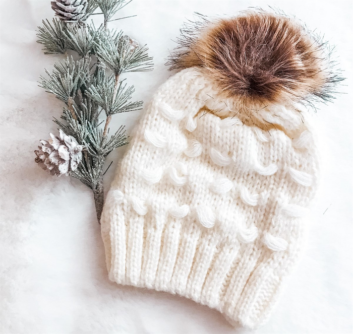Kids Ivory Loose Knit Faux Fur Pom Hat - 5