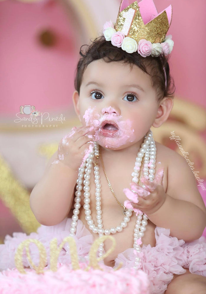 Pink and Gold Glitter First and Second Birthday Crown - One