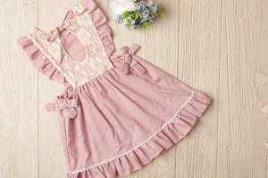 Girls Elizabeth Dusty Pink Lace Ruffled Cap Sleeve Pinafore Dress