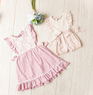 Girls Elizabeth Dusty Pink Lace Ruffled Cap Sleeve Pinafore Dress