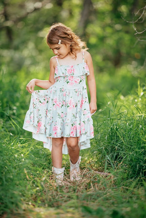 Girls Dusty Sage Floral Spaghetti Strap High Low Dress