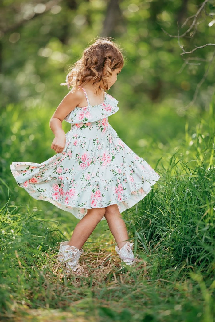 Girls Dusty Sage Floral Spaghetti Strap High Low Dress