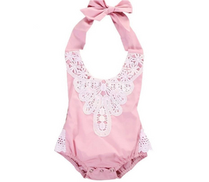 Girls Pink Over Neck Tie Curved Lace Front Romper