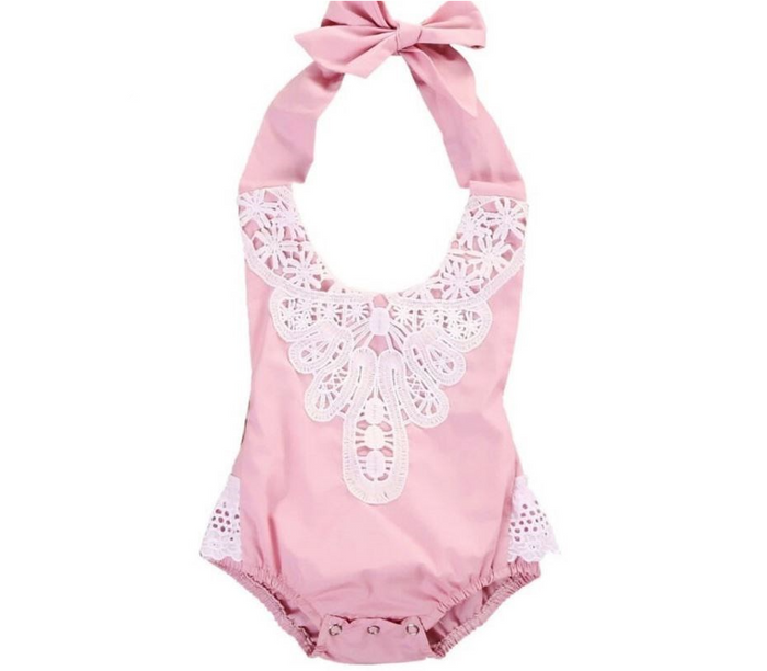 Girls Pink Over Neck Tie Curved Lace Front Romper