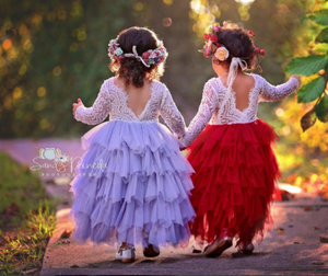 Veronica Soft White Eyelash Long Sleeve Lace with a Country Blue Long Tutu Skirt - Princess Dress