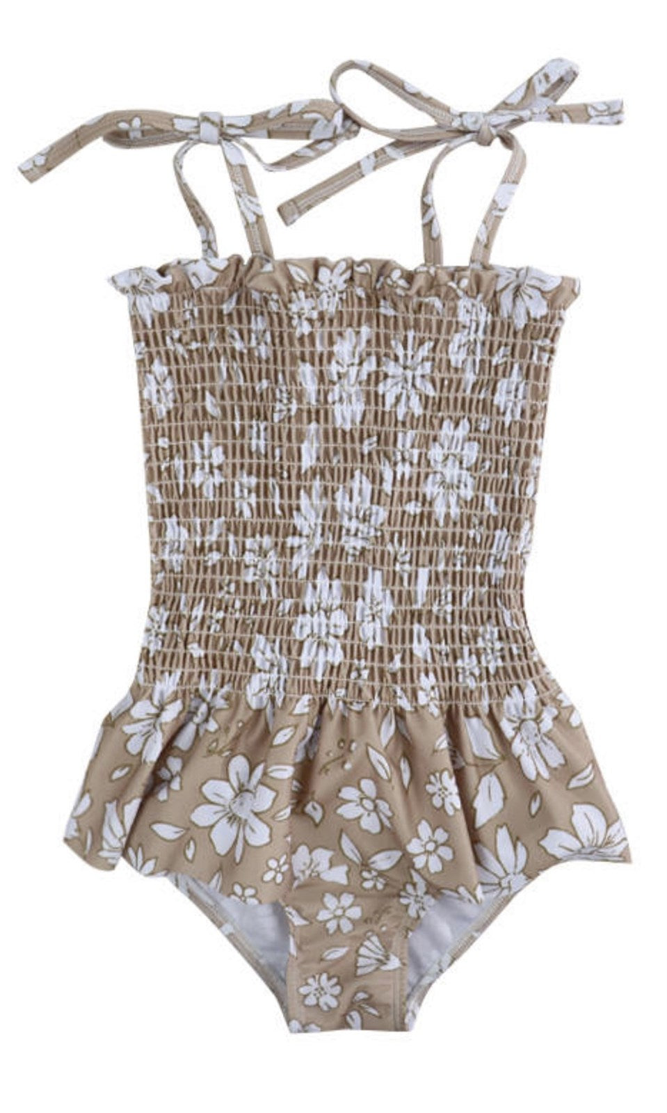 Girls Swimsuits - Tan White Floral - 1 Pc Accordion