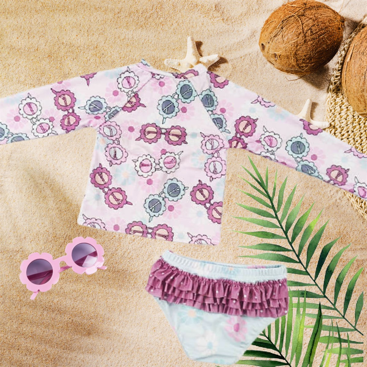 Pink & Blue Pastel Sunglasses - 2 Pc Ruffle Bum - Long Sleeve Swimsuit - back of swimsuit