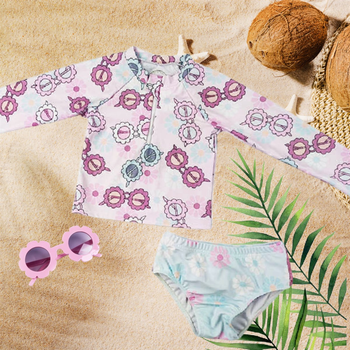 Pink & Blue Pastel Sunglasses - 2 Pc Ruffle Bum - Long Sleeve Swimsuit