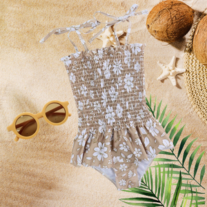 Girls Swimsuits - Tan White Floral - 1 Pc Accordian