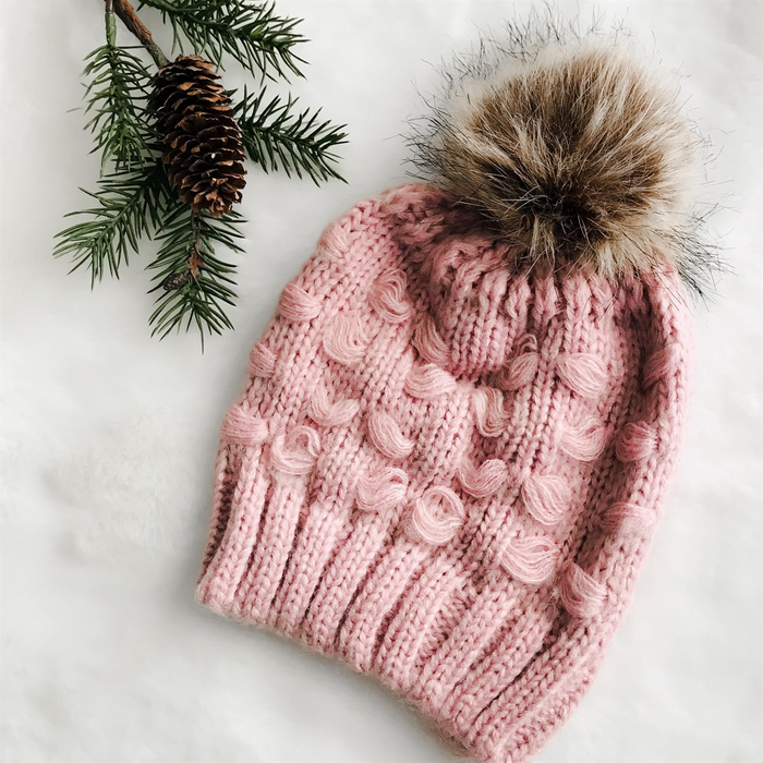 Kids Dusty Pink Loose Knit Faux Fur Pom Hat - 6
