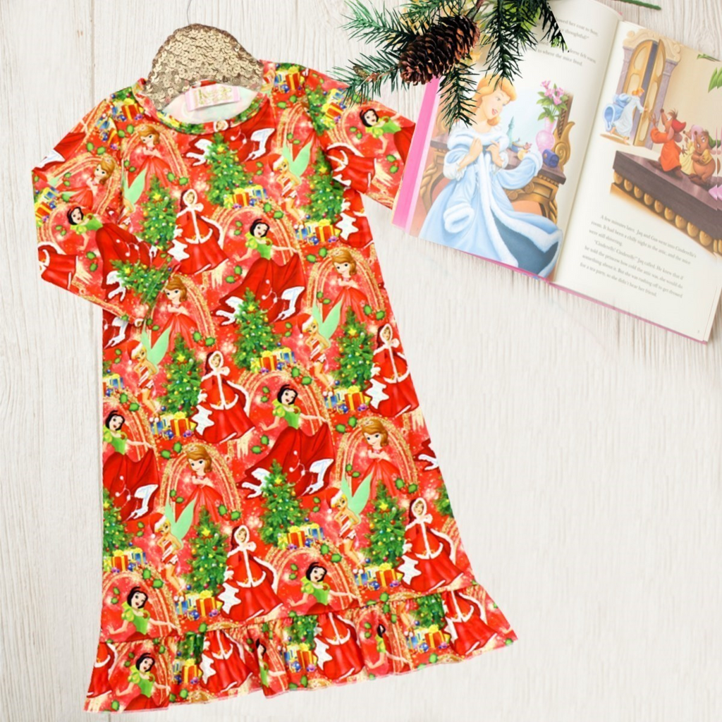 Girls Christmas Night Gowns - Red Christmas Princesses. Including green christmas trees