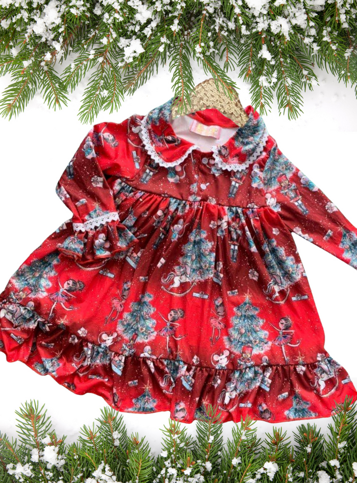 Girls Vintage Christmas Long Sleeved Night Gown - Red Nutcracker
