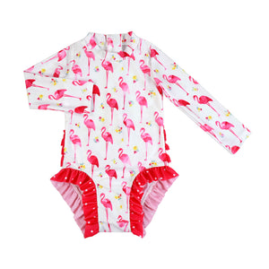 Rashgaurd Kryssi Kouture Girls One Piece Bathing Suit - Hot Pink & Red Flamingo Ruffle Bum Zip Swimsuit