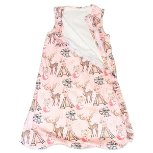 full length of the baby sleeveless sleep bag with pink forest friends print. Shows zipper located on the right side of the photo. It is unzipped and has ruffles. Zipper will be on left side of baby when worn.
