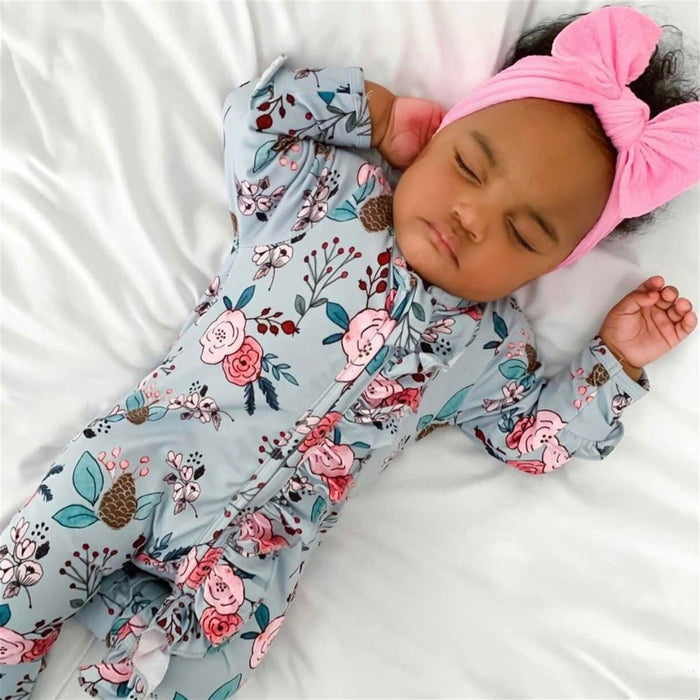 Sadie Country Floral Blue Ruffle Zippie Jumpsuit/Sleeper