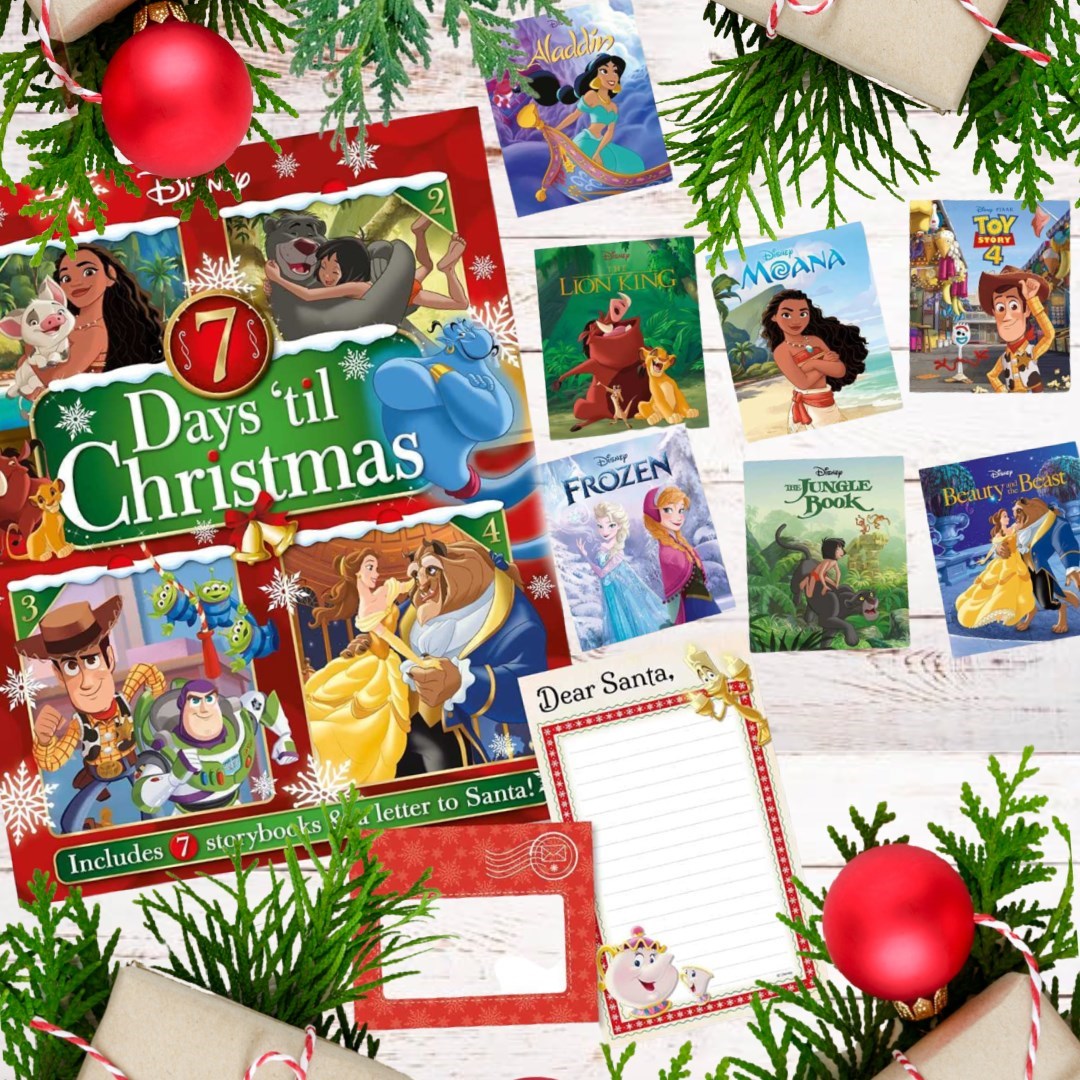 7 Days of Christmas Character Book/Board. Whats included: Dear Santa Letter stationary plus envelope. The following books: Lion King, Moana, Toy Story 4, Frozen, Jungle Book, Beauty and the beast, and Aladdin