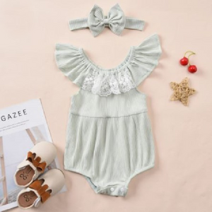 Girls Green Off Shoulder Lace Romper