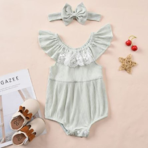 Girls Green Off Shoulder Lace Romper