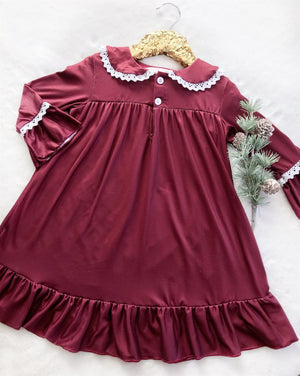 Burgundy Vintage Christmas Long Sleeved Night Gown