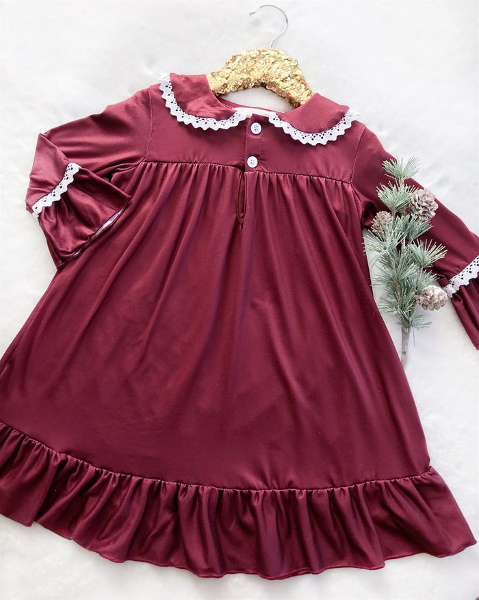 Burgundy Vintage Christmas Long Sleeved Night Gown