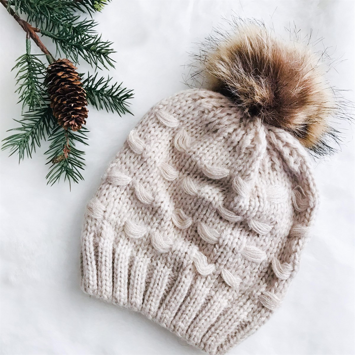 Kids Tan Loose Knit Faux Fur Pom Hat - 7