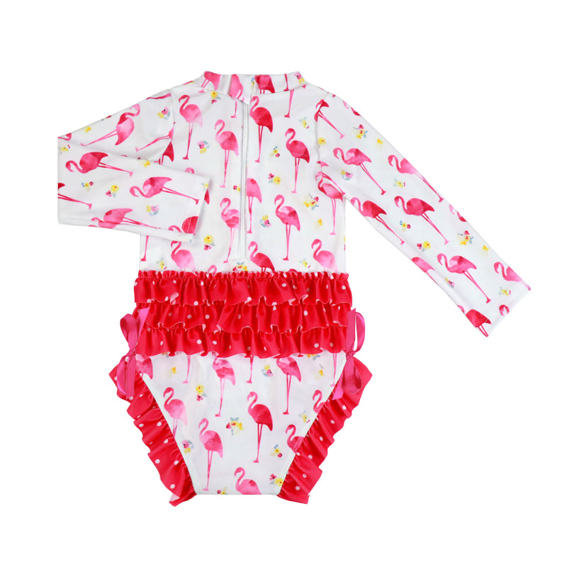 Rashgaurd Kryssi Kouture Girls One Piece Bathing Suit - Hot Pink & Red Flamingo Ruffle Bum Zip Swimsuit