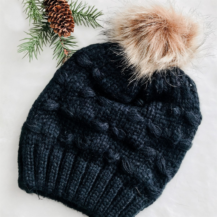 Kids Black Loose Knit Faux Fur Pom Hat - 8