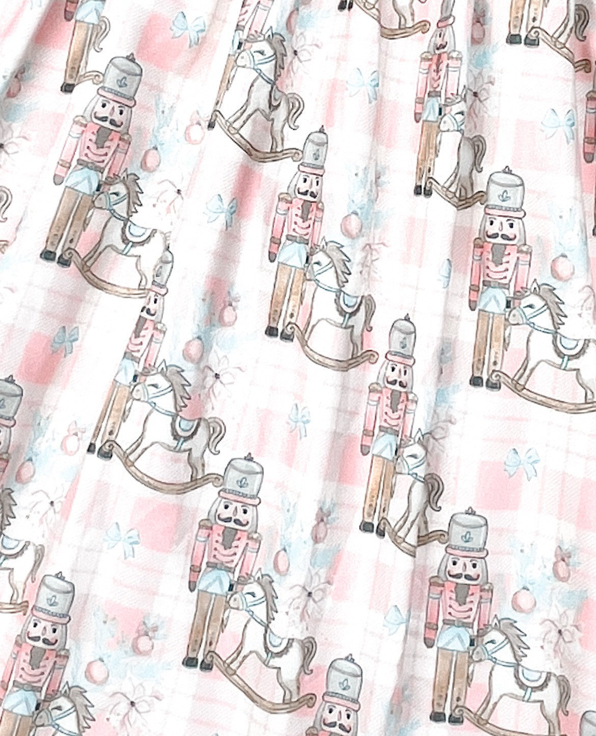 Girls Vintage Christmas Long Sleeved Night Gown - Pink Nutcracker & Rocking Horse. CLose up of the design.