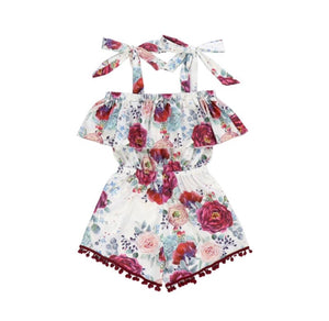 Kryssi Kouture Girls Burgundy Garden Floral Off Shoulder Pom Romper