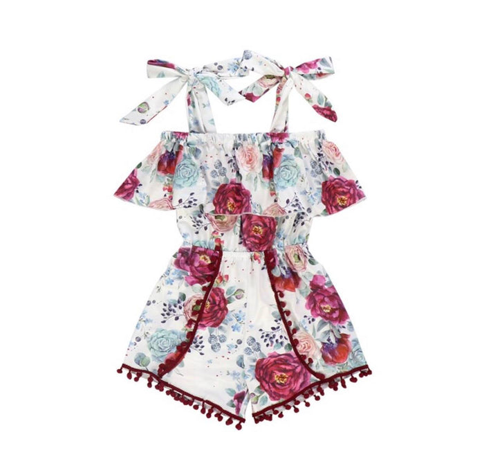 Kryssi Kouture Girls Burgundy Garden Floral Off Shoulder Pom Romper