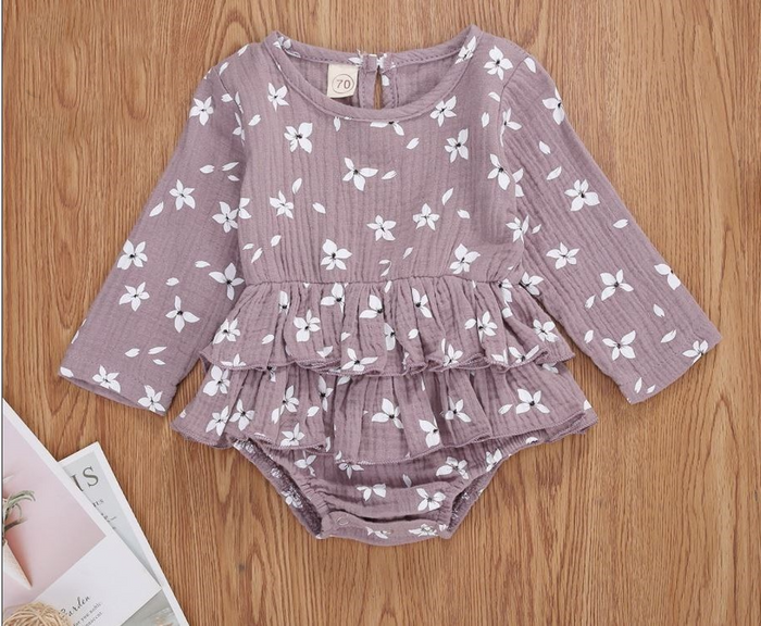 Girls Purple Floral Skirted Long Sleeve Romper