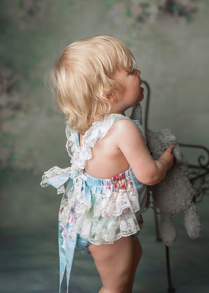Kryssi Kouture Exclusive Girls Anastasia Ruffled Lace and Vintage Floral Romper