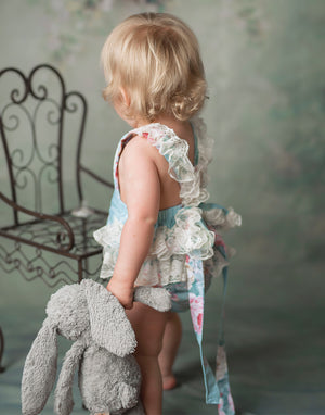 Kryssi Kouture Exclusive Girls Anastasia Ruffled Lace and Vintage Floral Romper