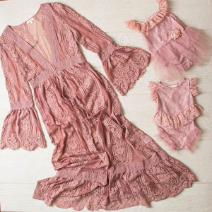 Mommy & Me - Ladies Dusty Rose Long Lace Duster Cardigan