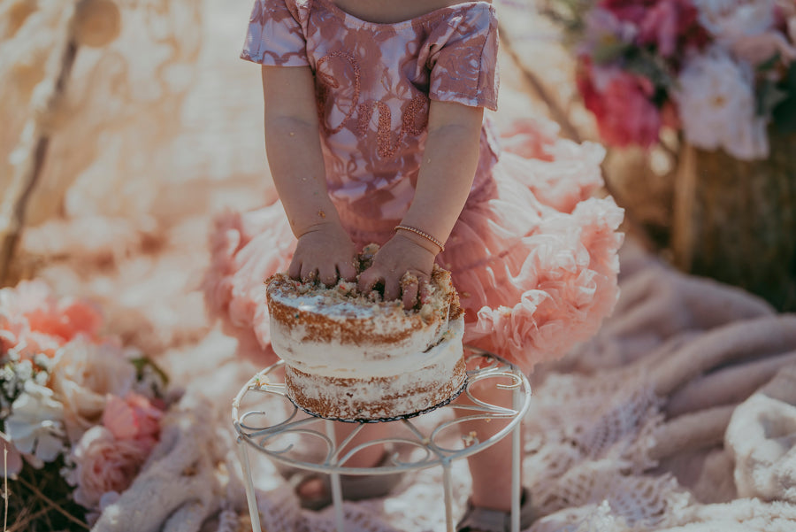 Kryssi Kouture First Birthday Dusty Rose Short Sleeve Lace Leo Sets with Rose Gold One