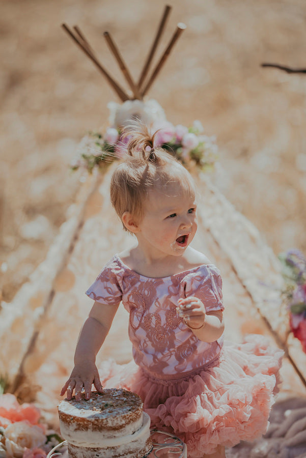 Kryssi Kouture First Birthday Dusty Rose Short Sleeve Lace Leo Sets with Rose Gold One